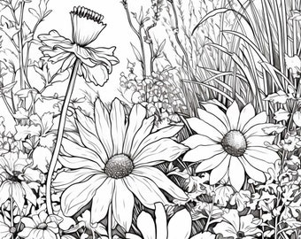 17  Grayscale Delightful Wildflower Coloring, flower coloring pages printable PDF coloring book page (AI generated image)