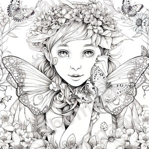 4 Fairy Fae of the garden Grayscale floral butterfly coloring pages printable PDF coloring book page (AI generated image)