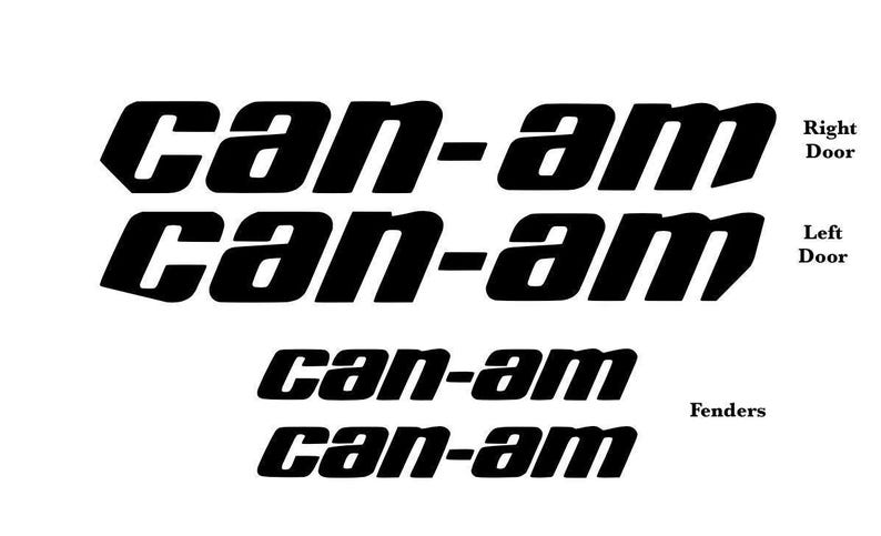 May include: A set of four black vinyl decals featuring the text can-am in a bold, slanted font. Two larger decals are labeled for the Right Door and Left Door, while two smaller decals are designated for the Fenders, all on a white background.