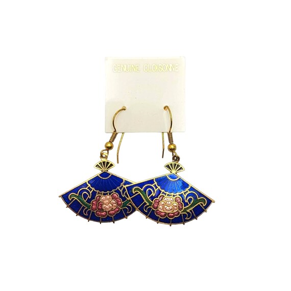 Vintage Floral Cloisonne Enamel Earrings Blue Gol… - image 3