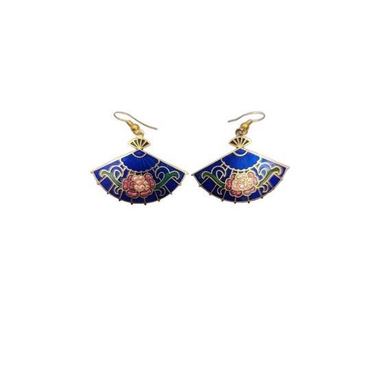 Vintage Floral Cloisonne Enamel Earrings Blue Gol… - image 1