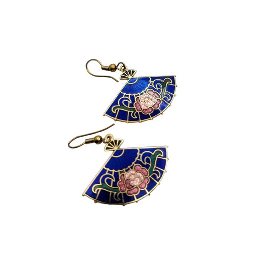 Vintage Floral Cloisonne Enamel Earrings Blue Gol… - image 2