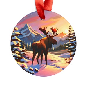 Moose in nature with sunset and mountains with Merry Christmas written  Acrylic Ornament with Ribbon
