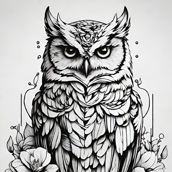 AI Owl Illustration PNG - Transparent Background, 6000x9000 Pixels, Mystical Wisdom and Mystery. Black & White Drawing of a Majestic Owl.