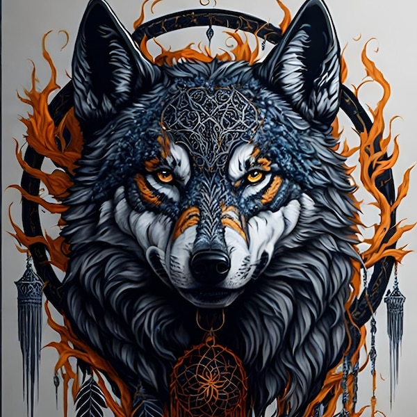 High Resolution Dreamcatcher Wolf Head PNG (6000x9000 pixels) - Vector Art for Prints and Sublimation