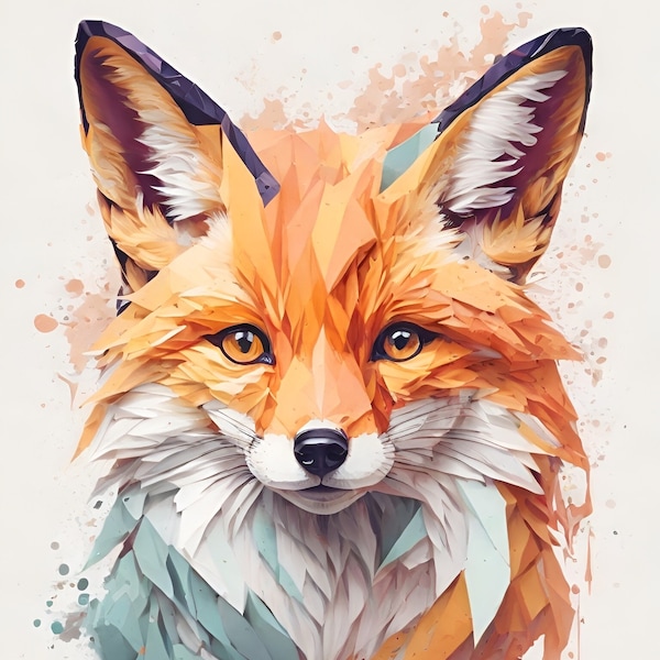 Fox Portrait in Pastel Watercolors. High-Res PNG, 6000 x 9000 pixels. AI-Generated, Abstract Cubism and Splash Art. Transparent Background.