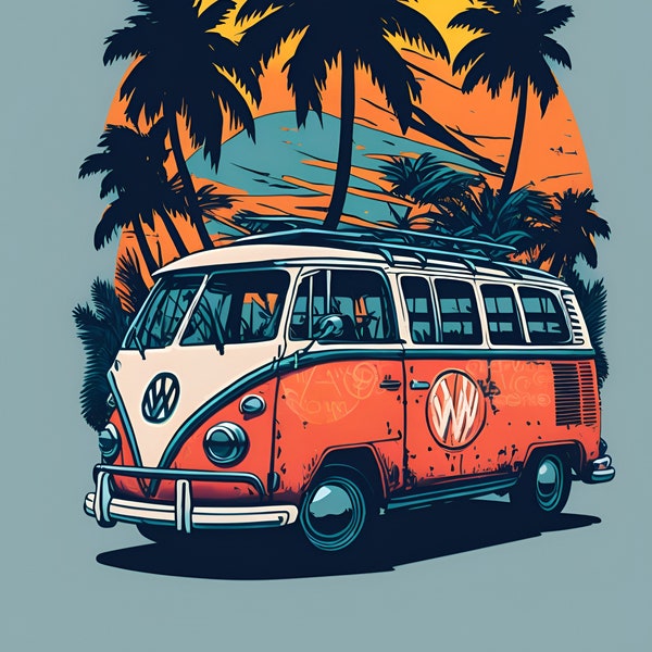 Vintage Bus Classic Car Graphic: AI Art and PNG Digital Download for Van Life Enthusiasts