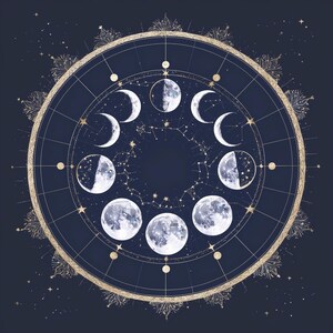 Arte con mapas de las fases de la luna celestial / Constelaciones estelares estilo bohemio / Acentos dorados / Decoración de pared en azul marino oscuro / Impresión digital de alta resolución
