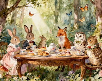 Whimsical Woodland Tea Party Watercolor Print – Forest Creatures (Digital Download)