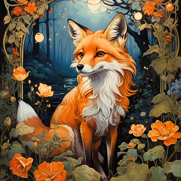 Watercolor Fox Art with Moonlit Forest - AI-Generated, Pastel Floral Archway - 6000x9000 Pixels PNG - Wall Art.