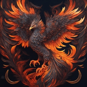 May include: A fiery orange and black phoenix with intricate wing details, set against a dark background.