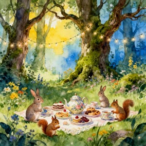 May include: Watercolor illustration of a woodland tea party. Two rabbits and two squirrels are gathered around a picnic blanket laden with pastries, a floral teapot, and teacups. The scene is set in a lush forest with string lights.