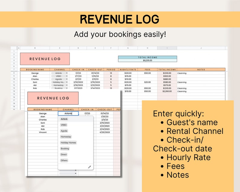 Airbnb & Expenses Tracker, Airbnb Management Spreadsheet, Real