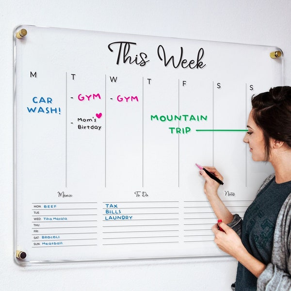 Weekly Planner Dry Erase Acrylic Personalized Acrylic Calendar Command Center for Weekly Scheduling and Wall Decor