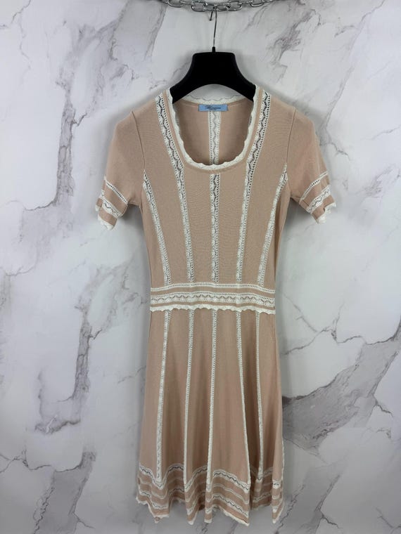 Blumarine Beige Lace Knit Maxi Dress – Romantic Italian Designer Style,  Short Sleeve Fit & Flare, Vintage Coquette, Size It 42 / D 36
