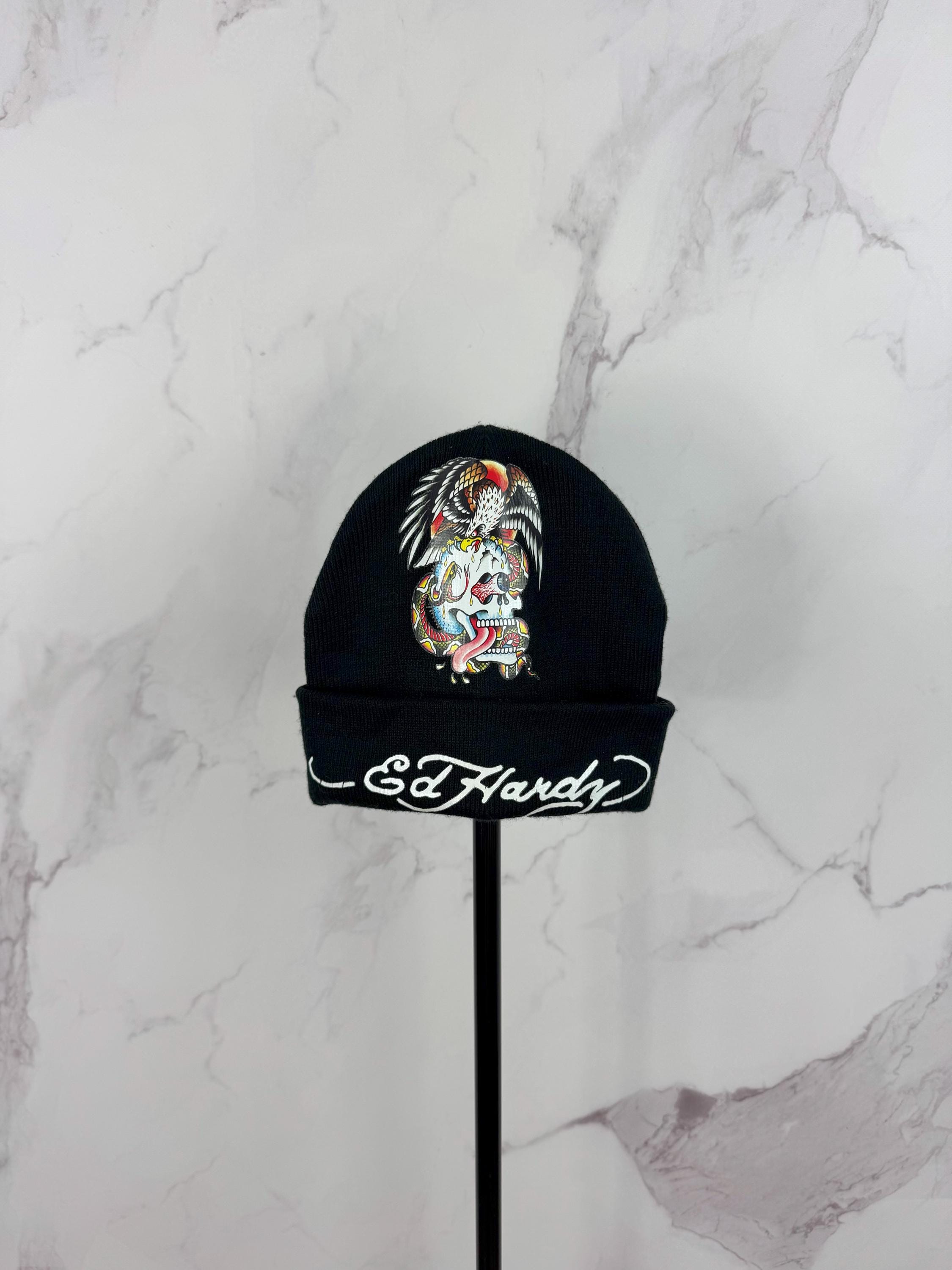 ED HARDY y2k unisex Beanie Rare Ed Hardy Black Hat Beanie Y2K Tattoo Skull Snake VGC | eBay main image 3