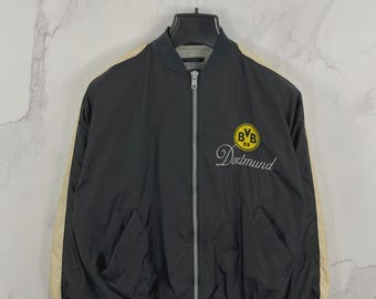 Vintage Borussia Dortmund Bomber Jacket – Universal Athletics Football Jacket, Classic BVB Fanwear, Retro Soccer Streetwear, Size M