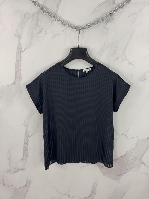 Reiss, Reiss Navy Plaid Short Sleeve Blouse – Elegant Lightweight Cotton Top, Casual Office Wear, UK Fashion Brand, Size US 10 EU 42