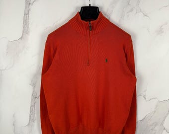 Vintage Polo Ralph Lauren 1/4 Zip bomullströja Orange – Klassisk Preppy Stickad, Broderad Logotyptröja, Avslappnad Heritage Style, Storlek L