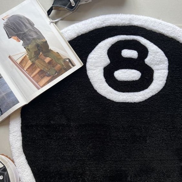 8 Ball Tufted Rug, Black Round Shaggy Area Hand Tufted Billiards Rug for Bedroom, Housewarming gift, Home Decor, Handmade Gift, Gift for him