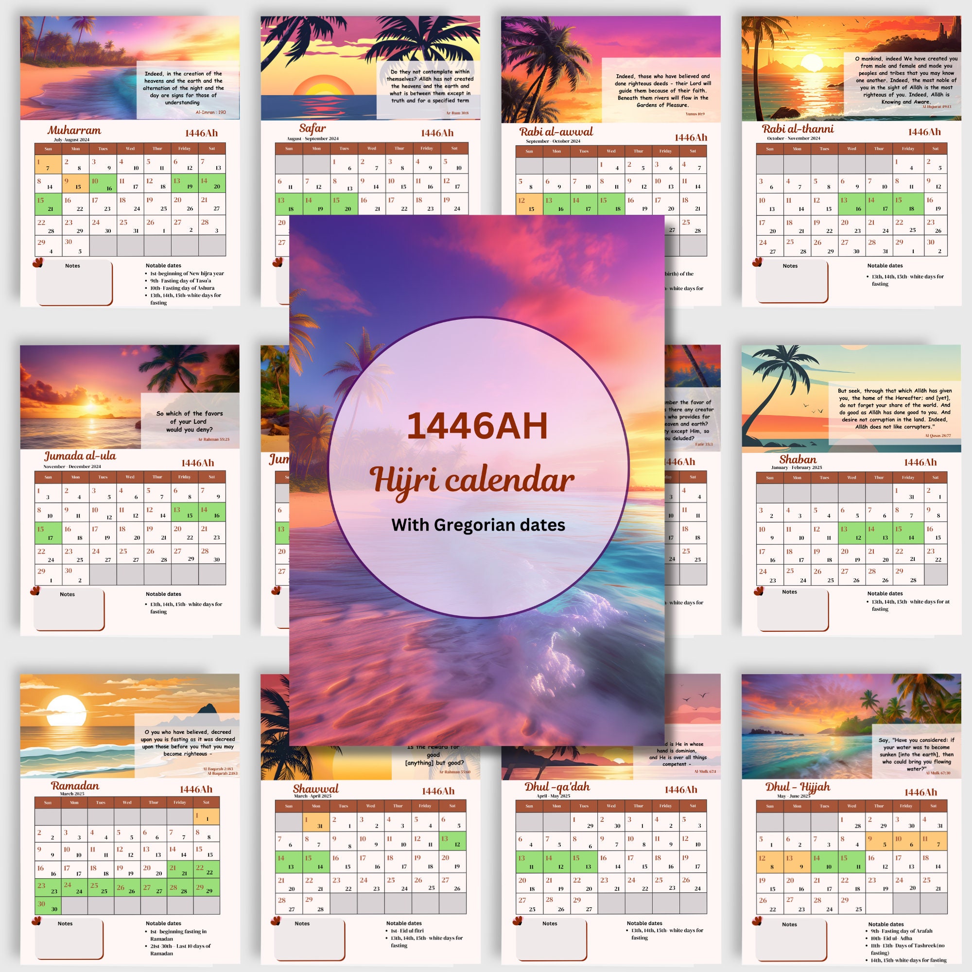1446ah-hijri-calendar-monthly-islamic-calendar-2024-2025-printable-islamic-calendar-with-beach-themed-arts-and-quran-verses-etsy