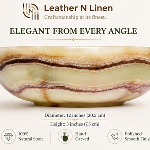 An advertisement image shows the green onyx bowl with text overlay specifying a diameter of 12 inches and a height of 3 inches, along with product feature icons.