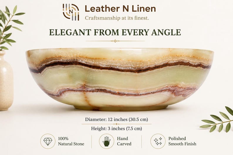 An advertisement image shows the green onyx bowl with text overlay specifying a diameter of 12 inches and a height of 3 inches, along with product feature icons.