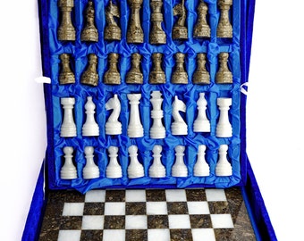 Brand-New Hand-Crafted Marble/Onyx Chess Board Set/Oceanic & White , 30cm x 30cm, Elegant Decor, Perfect Gift for Game Lovers