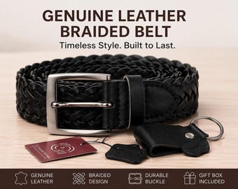 Braided Leather Belt, Black Cow Grain Design, 35mm Wide Unisex Style