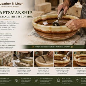 A craftsmanship graphic showing hands polishing the green onyx bowl with a tool, accompanied by five step-by-step process images.