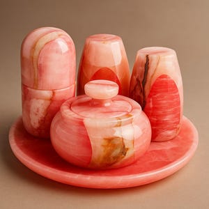 Red and White Marble Salt and Pepper Set with Tray – Luxury Natural Stone Kitchen Decor, Elegant Dining Table Accessory & Handcrafted