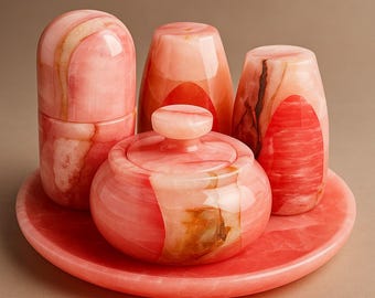 Red and White Marble Salt and Pepper Set with Tray – Luxury Natural Stone Kitchen Decor, Elegant Dining Table Accessory & Handcrafted