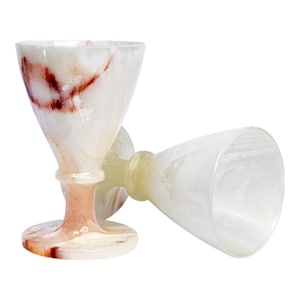 Vintage White Onyx V-Shaped Goblets Set | Hand-Carved Stone Wine Cups, 3" x 6" | 150mL | 2 Piece Barware | Elegant Marble Drinkware