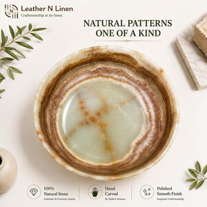 A top-down view of the green onyx bowl reveals the intricate circular stone patterns and polished interior base with branching mineral lines.