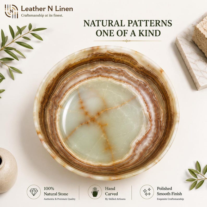 A top-down view of the green onyx bowl reveals the intricate circular stone patterns and polished interior base with branching mineral lines.