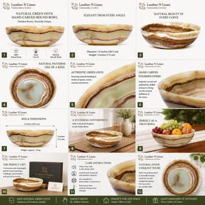 A twelve-panel collage showcasing different angles, dimensions, care instructions, and fruit-filled arrangements of the green onyx bowl.