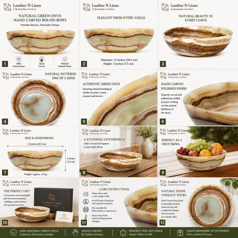 A twelve-panel collage showcasing different angles, dimensions, care instructions, and fruit-filled arrangements of the green onyx bowl.