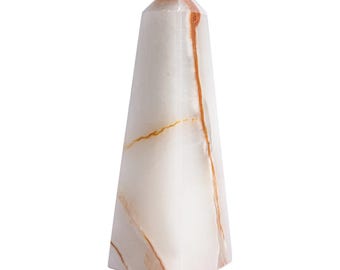 White Onyx Obelisk Tower – 6" Tall Polished Octagon Marble Stone, 2" Base | Natural Crystal Decor, 1 Pc Statement Sculpture