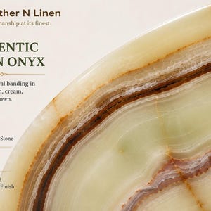 A macro photograph highlights the detailed natural banding and crystalline texture of the authentic green and brown onyx stone surface.