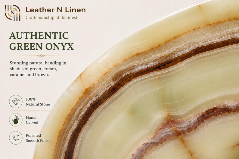 A macro photograph highlights the detailed natural banding and crystalline texture of the authentic green and brown onyx stone surface.