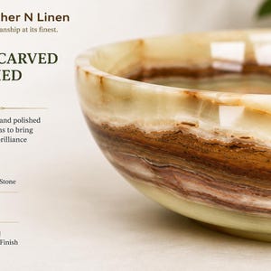 A detailed side-angle view emphasizes the polished gloss finish and distinct horizontal strata of the hand-carved stone bowl.