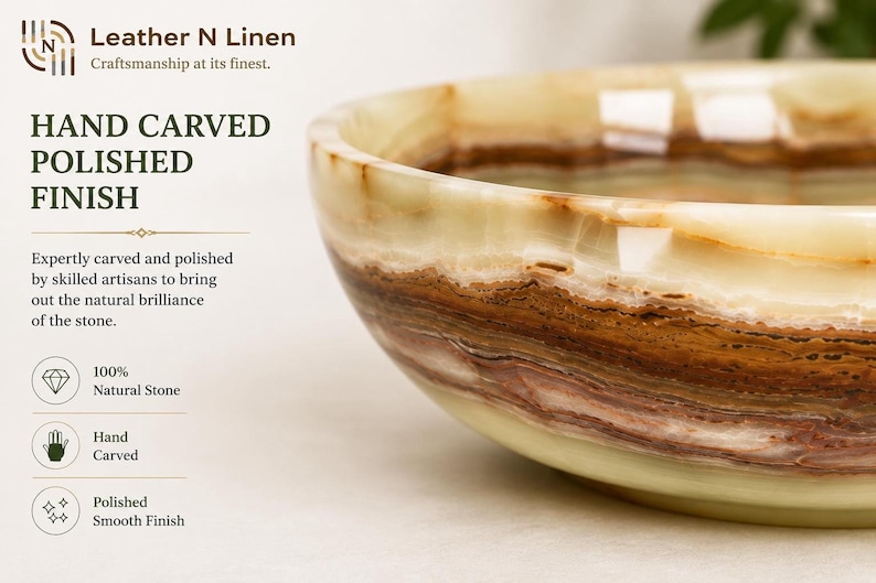 A detailed side-angle view emphasizes the polished gloss finish and distinct horizontal strata of the hand-carved stone bowl.