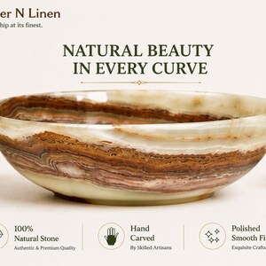 A close-up promotional shot highlights the rich, layered brown and green banding across the curved exterior surface of the polished stone bowl.