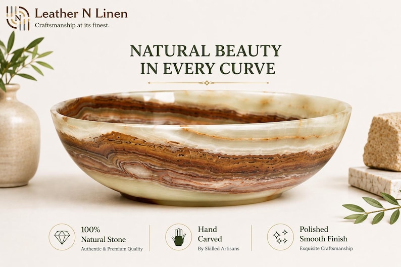 A close-up promotional shot highlights the rich, layered brown and green banding across the curved exterior surface of the polished stone bowl.