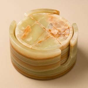 Natural Handmade Green Onyx Coaster Set with Stand, 6pcs 4-Inch Stone Drink Coasters for Home & Bar Decor
