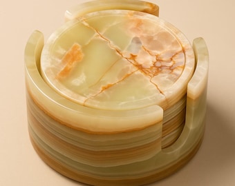 Handmade Green Onyx Coaster Set with Stand: Natural Stone Decor