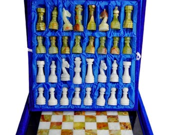 Handcrafted Onyx Chess Set: Green & White Stone, Black Border (30cm)