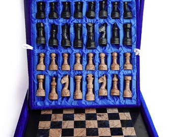 Juego de ajedrez de mármol con ónix rosa marino y negro, tablero de 30 cm.