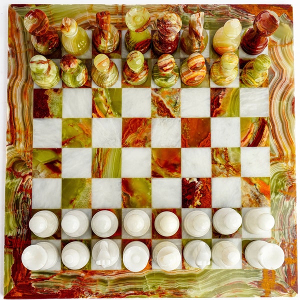 Green & White Marble Handcrafted Chess Set, 30 cm x 30 cm Green Borders