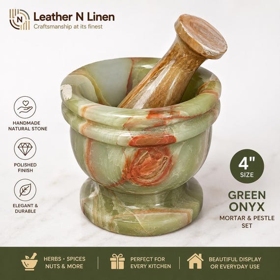 Genuine green onyx stone mortar & pestle — the swirling natural banding makes every piece one-of-a-kind, and 109 favorites confirm real demand.